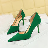Fashionable Simple Stiletto Heel Shoes Slim Suede Shallow Mouth Pointed Toe Side Hollow Out Cutout Pumps High Heel